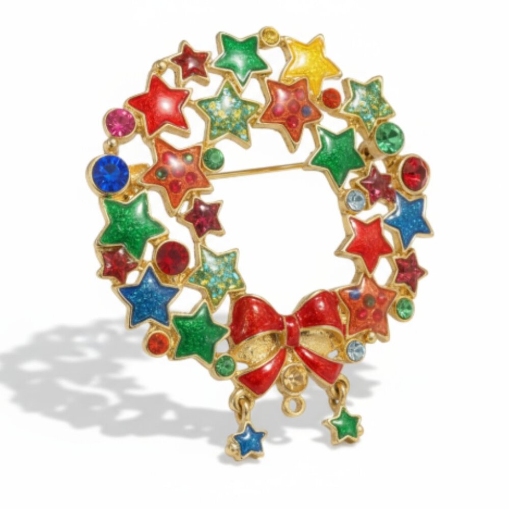 Christopher Radko Enamel Wreath Brooch Signed Gold Tone Stars & Bow Vintage